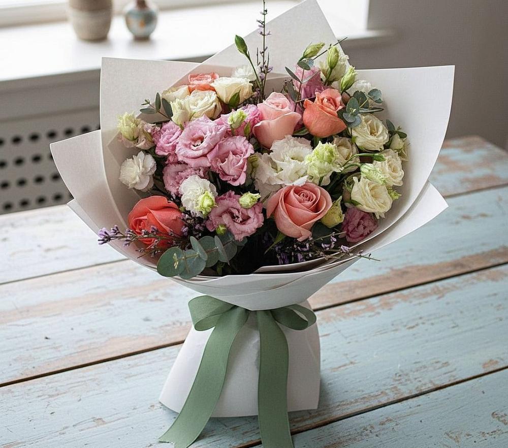 Букет цветов из: Розы, Лизиантусы и Гвоздики в Козловке